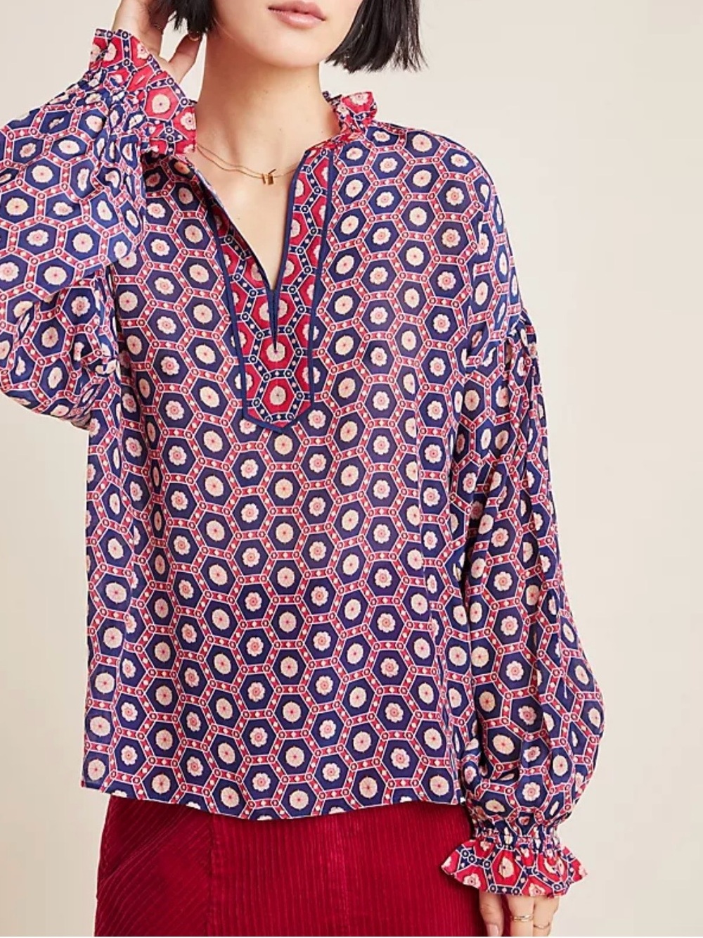 Anthropologie Tanvi Kedia Marguerite Geometric Printed Blouse